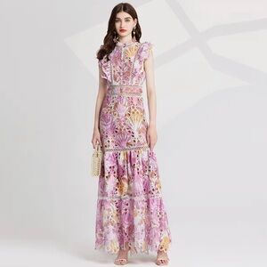 Elegant Boho Pink and Gold Lace Maxi Dress